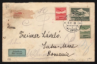 1936 (8 May) Czechoslovakia, Subcarpathian Rus, Carpatho-Ukraine Territory, Airmail Cover from Uzhhorod to Satu Mare (Romania), franked with 50h, 1k, 2k and 2 x 20h Cinderella