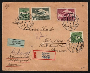 1935 (31 May) Czechoslovakia, Subcarpathian Rus, Carpatho-Ukraine Territory, Registered Airmail Cover with Mail Seal Label from Uzhhorod to Satu Mare (Romania), franked with 2 x 50h, 2k, 3k