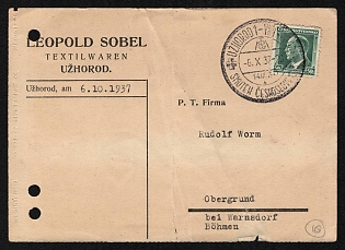 1937 (6 Oct) Czechoslovakia, Commercial Registered Part Cover from Uzhhorod to Varnsdorf, franked with 50h