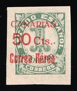 1937 50c on 1c Canary Islands, Spanish Colonies, Spain, Airmail (SHIFTED Overprint, Imperforate)