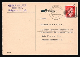 1945 (9 Jun) Austria, Postcard from Vienna franked with 8pf Local Issue, Overprint on Hitler's head, Blob Triangles Postmark