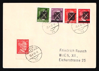 1945 (26 Apr) Local Issue 5pf - 12pf, Austria, Overprint on Hitler's head, Square with Cross Postmarks, Propaganda Forgery 'Futsches Reich' on Vienna Postcard