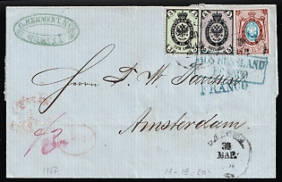 1867 (30 Mar) Russian Empire Commercial Cover from Odessa to Amsterdam (Netherlands) via Breslau (Wroclaw, Poland), franked with 3k, 5k, 10k (1866 Issue), with Green 'Memmert & Co Odessa' and Blue Franko Handstamps