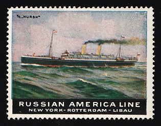 1910 The Russian American Line, the Line Sailed Every Fortnight Taking Seventeen Days, with a Day and a Half at Rotterdam, Advertising label, Russian Empire