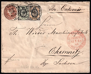 1869 (27 Jun) 10k Russian Empire Commercial Postal Stationery Stamped Cover from Saint Petersburg to Chemnitz (Germany) by Railway Wagon '13-14', additionally franked with 1k (SHIFTED Background) and 3k (1865 Issue), with Red Franco Handstamp and 'Ryazhsko-Morshanskaya' Railway Wax Seal