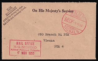 1953 (9 Nov) 'On His Majesty’s Service', Great Britain, Military Mail, 'War Economy' Cover from H.Q. Bedford (Allied Forces Trieste) to CSO Branch HQ BTA Vienna (Austria)