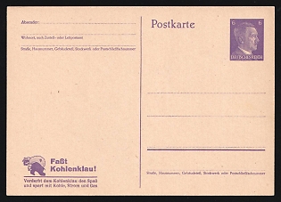 1943-44 6pf 'Stop Stealing Coal!', Third Reich, Germany, Postal Stationery Postcard with Hitler's Issue