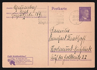 1943 (23 Mar) 'Stop Stealing Coal!' Third Reich, Germany, Postal Stationery Postcard with Advertising Stamp from Kiel to Dortmund-Kirchlinde