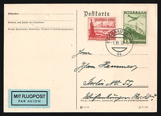 1938 (1 Jul) Germany, Airmail Postcard from Braunau am Inn (Austria) to Berlin mixed franking with 12pf, 15g