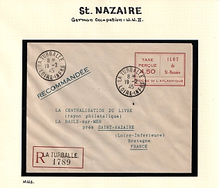 1945 (19 Feb) The Philatelic Department of the Company 'LA CENTRALISATION DU LIVRE', Commercial Registered Cover from La-Baule (La Baule-Escoublac) to Saint-Nazaire, German Occupation of France, with red tax collected postmark