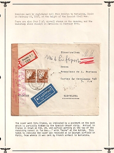 1938 (23 Feb) Spanish Civil War Registered Censored Airmail Cover from Dresden to Barcelona (Spain) franked with 5pf block of four and 25pf pair airmail stamps