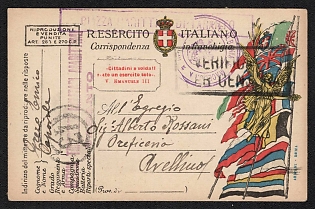 1918 (14 May) Italy, World War I, Military Mail Censored Postcard to Avellino, with Violet Handstamps
