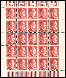 1944 3m Third Reich, Germany, Full Sheet (Plate Numbers)