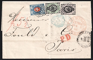 1866 (17 Jun) Russian Empire Cover from Saint Petersburg Railway Station to Paris (France), franked with 3k, 5k and 20k (1865 Issue) tied by Dotted Numeral '11' Postmarks, multiple Transit Postmarks, Red Pencil Prussian Censorship Mark on the Front Side (Certificate)
