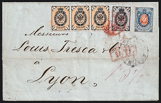 1867 (5 Mar) Russian Empire Cover from Moscow via Paris to Lyon (France), franked with 3 x 1k, 5k and 20k tied by Pen Cancel (Certificate)
