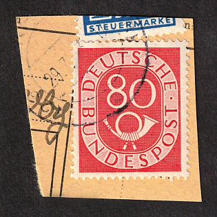 1952 80pf on cover piece, German Federal Republic, Germany (Two Red Lines between 'D' and 'E', Current Certificate Schlegel, RARE)