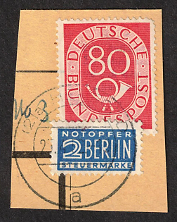 1952 80pf on cover piece, German Federal Republic, Germany (Lines in Oval above 'B', Current Certificate Schlegel, RARE)