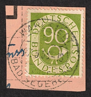 1952 90pf on cover piece, German Federal Republic, Germany (Two Green Lines near the 'D', Current Certificate Schlegel, RARE)