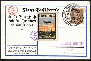 1924 (11 Aug) Germany, Airmail Vignete Postcard Used Last Day Cover Postcard 'First Airmail from Gorlitz Airport to Dresden' with Vignette 'Luftfahrt Gorlitz' with RARE 2nd Red Cancellation