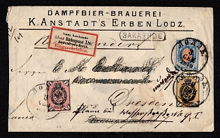 1876 KINGDOM OF POLAND Early registered letter sent from Lodz to Dresden (Germany). Rare stamps combination of 1kop. + 2kop. +20kop. within the current rate, cancelled by “Berlin’s” type cachet of Lodz. Few transit postmarks and the arrival machine postmark of Dresden on reverse.
