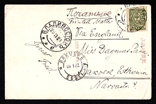 1921 FAR EASTERN REPUBLIC Postcard from Vladivostok sent internationally to Rakvere (Estonia), franked with 2kop of Priamur issue stamp as tariff of printed matter. Arrival postmark of Rakvere