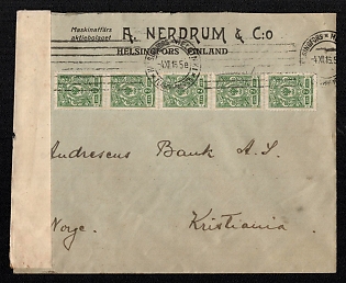 1916 FINLAND Commercial Censored cover of ordinary letter sent from Helsinki to Kristiania (Norway). Franked with 5 Imperial stamps of 2kop. In alignment to the current rate for ordinary letters abroad.  Machine cancellation of Helsinki. Arrival postmark of Kristiania on reverse. Checked and sealed by Tornea censorship.