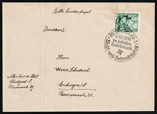 1938 (4 Dec) 'In the liberated Sudetenland', Sudetenland, Germany, Cover from Reichenberg to Ehningen franked with 6pf (Commemorative Postmark)