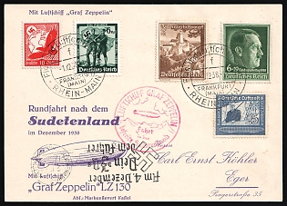 1938 (1 Dec) Sudetenland, Germany, Graf Zeppelin (LZ 130) Airship Cover from Frankfurt am Main, Rhine-Main Airport and Airship Port to Eger (Hungary) franked with 3pf, 2 x 6pf, 10pf, 25pf