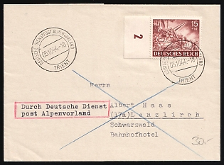 1944 (5 Oct) Third Reich, Germany, Cover from Post Office Trento (Italy) via German Official Mail (Dienstpost) Alpine Foreland to Lenzkirch (Germany) franked with 15pf (Plate Number, Margin)