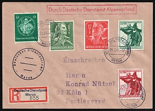 1944 (5 Aug) Third Reich, Germany, Registered Cover from Post Office Merano (Italy) via German Official Mail Alpine Foreland to Cologne franked with Full Sets of 3 x 6pf, 2 x 12pf