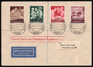 1944 (23 Mar) Third Reich, Germany, Airmail Cover from Merano (Italy) via German Official Mail Alpine Foreland to Hamburg franked with Full Set of 3pf - 15pf