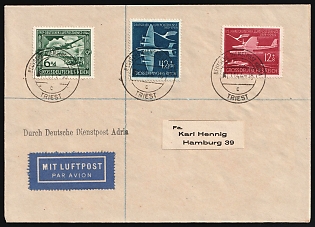 1944 (31 Nov) Third Reich, Germany, Airmail Cover from Post Office Trieste (Italy) via German Official Mail (Dienstpost) Adria to Hamburg franked with Full Set of 6pf - 42pf