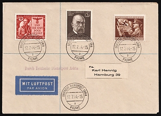 1944 (17 Jul) Third Reich, Germany, Airmail Cover from Post Office Fiume Via German Official Mail (Dienstpost) Adria to Hamburg franked with 12pf, 24pf, 54pf