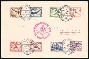 1936 (1 Aug) 'Airship Hindenburg Olympic Flight', Third Reich, Germany, Graf Zeppelin Airship Cover from Frankfurt am Main, Rhine-Main Airport and Airship Port to Berlin Central Airport franked with Full Set of 3pf - 40pf (Commemorative Postmarks)
