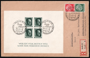 1937 (18 Apr) 'National Exhibition' Third Reich, Germany, Registered Cover from Berlin to Dresden franked with Souvenir Sheet, 6pf, 12pf (Commemorative Postmarks)