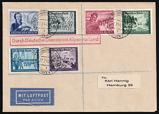 1944 (27 Jul) Third Reich, Germany, Airmail Cover from Post Office Bolzano (Italy) via German Official Mail (Dienstpost) Alpine Foreland to Hamburg franked with Full Set of 6pf - 24pf