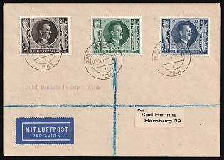 1944 (6 May) Third Reich, Germany, Airmail Cover from Post Office Pula (Croatia) via German Official Mail (Dienstpost) Adria to Hamburg franked with Full Set of 3pf - 15pf