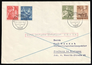 1943 (27 Nov) Third Reich, Germany, Cover from Post Office Trieste (Italy) via German Official Mail (Dienstpost) Adria to Freiburg im Breisgau (Germany) franked with Full Set of 3pf - 12pf