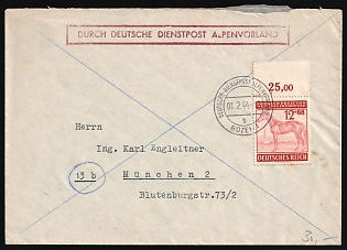 1944 (1 Feb) Third Reich, Germany, Cover from Post Office Bolzano (Italy) via German Official Mail  (Dienstpost) Alpine Foreland to Munich franked with 12pf (Plate Number, Margin)