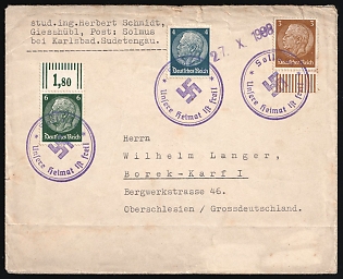 1938 (27 Oct) Sudetenland, Germany, Cover from Solmus Near Karlovy Vary (Czech Republic) to Upper Silesia franked with 3pf, 4pf, 6pf