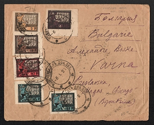 1923 R.S.F.S.R. Cover of international AIRMAIL sent from Novocherkassk to Varna (Bulgaria). Franked for 157 rub with RSFSR stamps. Tariff of 01.11.1922 for international airmails is 165 rub. However, no postage dues applied. RARE