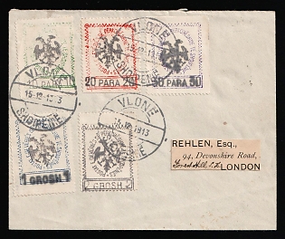 1913 (15 Dec) Albania, Cover from Vlore (Albania) to London (England) franked with Compelete Set of 10pa - 1gr