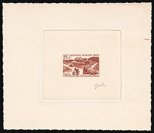 1958 15fr+5fr France, Master Die Proof Sunken Sheetlet, Brown, Signed by Artist
