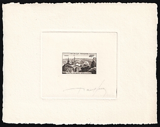 1951 40fr France, Master Die Proof Sunken Sheetlet, Black, Signed by Artist