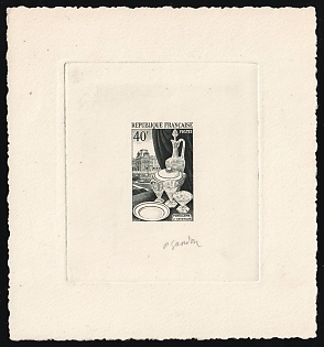 1954 40fr France, Master Die Proof Sunken Sheetlet, Black, Signed by Artist