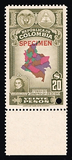 1941 20p Republic of Colombia, Revenue, Specimen, Margin