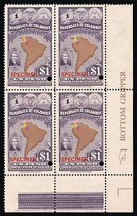 1941 1p Republic of Colombia, Revenue, Block of Four, Specimen, Corner Margins, Violet Control Strips, Sheet Inscription