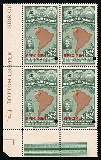 1941 2p Republic of Colombia, Revenue, Block of Four, Specimen, Corner Margins, Green Control Strips, Sheet Inscription