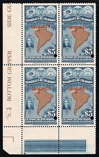 1941 5p Republic of Colombia, Revenue, Block of Four, Specimen, Corner Margins, Blue Control Strips, Sheet Inscription