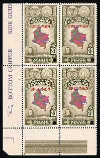 1941 20p Republic of Colombia, Revenue, Block of Four, Specimen, Corner Margins, Green Control Strips, Sheet Inscription